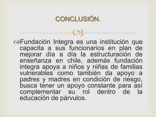 
Fundación Integra es una institución que
capacita a sus funcionarios en plan de
mejorar día a día la estructuración de
enseñanza en chile, además fundación
integra apoya a niños y niñas de familias
vulnerables como también da apoyo a
padres y madres en condición de riesgo,
busca tener un apoyo constante para así
complementar su rol dentro de la
educación de párvulos.
CONCLUSIÓN.