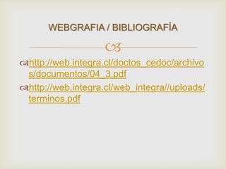 
http://web.integra.cl/doctos_cedoc/archivo
s/documentos/04_3.pdf
http://web.integra.cl/web_integra//uploads/
terminos.pdf
WEBGRAFIA / BIBLIOGRAFÍA