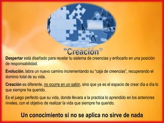 Despertar está diseñado para revelar tu sistema de creencias y enfocarlo en una posición
de responsabilidad.
Evolución, labra un nuevo camino incrementando su “caja de creencias”, recuperando el
dominio total de su vida.
Creación es diferente, no ocurre en un salón, sino que ya es el espacio de crear día a día lo
que siempre ha querido.
Es el juego perfecto que su vida, donde llevara a la practica lo aprendido en los anteriores
niveles, con el objetivo de realizar la vida que siempre ha querido.

         Un conocimiento si no se aplica no sirve de nada
 