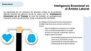 Inteligencia Emocional en
el Ámbito Laboral
Ámbito laboral
La capacidad de un individuo de alcanzar metas en el ambiente
laboral durante los últimos va de la mano con la Inteligencia
Emocional en el Trabajo la cual ha tomado un protagonismo
relevante entre los directores, Ceos y el personal a emplear.
La inteligencia emocional le sirve a la persona a
entablar relaciones sanas y tener control en si
mismo
Pero la Inteligencia Emocional en el trabajo
crea un ambiente favorable en el capital
humano a la hora de comprender, aplicar y
dirigir cualquier proceso.
Controlando apropiadamente las emociones
como la ira, frustración y enojo.
Favoreciendo el ambiente laboral y la
climatización de la labores diarias.
 