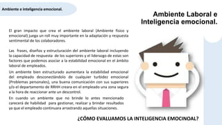 Ambiente Laboral e
Inteligencia emocional.
Ambiente e inteligencia emocional.
El gran impacto que crea el ambiente laboral (Ambiente físico y
emocional) juega un roll muy importante en la adaptación y respuesta
sentimental de los colaboradores.
Las frases, diseños y estructuración del ambiente laboral incluyendo
la capacidad de respuesta de los superiores y el liderazgo de estas son
factores que podemos asociar a la estabilidad emocional en el ámbito
laboral de empleados.
Un ambiente bien estructurado aumentara la estabilidad emocional
del empleado desconectándolo de cualquier turbidez emocional
(Problemas personales), una buena comunicación con sus superiores
y/o el departamento de RRHH creara en el empleado una zona segura
a la hora de reaccionar ante un descontrol.
En cuando un ambiente que no brinde lo antes mencionado
carecerá de habilidad para gestionar, realizar y brindar resultados
ya que el empleado continuara arrastrando aquellas situaciones.
¿CÓMO EVALUAMOS LA INTELIGENCIA EMOCINOAL?
 
