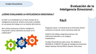 Evaluación de la
Inteligencia Emocional .
Pruebas Psicométricas
¿CÓMO EVALUAMOS LA INTELIGENCIA EMOCINOAL?
Un líder y un empleado con un buen manejo de su
inteligencia emocional tendrá una función completa
en sus puesto de trabajo y en su relación del entorno.
Pero ¿Cómo evaluamos el factor inteligencia
Emocional? ¿Cómo identifico ese factor en el
colaborador?
Fácil
Preguntas claves al momento de la entrevistas )Cómo
actuarias en caso de, como reaccionas antes de.
Histórico de trabajo, preguntas precisas a las
referencias laborales y sus antiguos
empleadores.
Pruebas Psicométricas tales como: Por defecto la
PRUEBA IE, El MSCEIT (Prueba de Inteligencia Emocional
Mayer-Salovey-Caruso) Mettl, Clevear, entre otras.
 