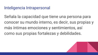 Inteligencia Intrapersonal
Señala la capacidad que tiene una persona para
conocer su mundo interno, es decir, sus propias y
más íntimas emociones y sentimientos, así
como sus propias fortalezas y debilidades.
 