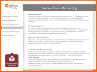 www.intellego.com.mxwww.intellego.com.mxwww.grupointellego.com
MANAGED SERVICES
IT BUSINESS PROCESS OUTSOURCING
Ponemos a su disposición a un equipo de expertos para gestionar y ejecutar actividades administrativas,
financieras, operativas o de tecnología bajo un esquema de outsourcing, que permite depurar procesos, reducir
los costos de estructura y mejorar el desempeño.
CLOUD SERVICES
Ofrece acceso bajo demanda a un pool de datos, aplicaciones y/o hardware, reduciendo costos en adquisición,
mantenimiento y administración de aplicaciones. Nuestros servicios en este ámbito se basan en estándares y
mejores prácticas de la industria, tales como:
MODELO DE GOBIERNO
COBIT -Control Objetives for Information and related Technology, Es el modelo para el Gobierno de la TI
desarrollado por la Information Systems Audit and Control Association (ISACA) y el IT Governance Institute
(ITGI), enfatiza el cumplimiento normativo, ayuda a las organizaciones a incrementar el valor de TI, apoya al
alineamiento con el negocio.
 