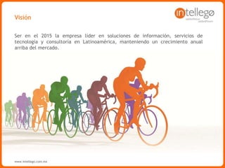 www.intellego.com.mxwww.intellego.com.mxwww.grupointellego.com
VALOR AGREGADO A NUESTROS CLIENTES
+300
Clientes de diferentes
industrias se han
beneficiado de
nuestras soluciones
+1500
Colaboradores a nivel
regional con experiencia
en tecnologías y
metodologías
líderes en el
mercado
#1
en servicios de
Information
Management y
Business Intelligence
en México en el
2010*
*IDC IT Services Tracker 2010 – Intellego Markets
Neutralidad
tecnológica
Recomendamos las
soluciones que más se
ajusten a las
necesidades de
nuestros clientes
Equipo
Ejecutivo
con amplia experiencia
en las empresas líderes
de la industria de
Tecnologías de la
Información
Reconocimientos
Intellego es una de las
500 empresas más
importantes de México y
pertenece a la
comunidad de
empresas Endeavor
 