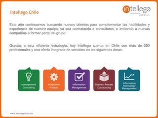 www.intellego.com.mxwww.intellego.com.mxwww.grupointellego.com
¿QUÉ HACEMOS?
Ayudamos a nuestros clientes a optimizar el desempeño de sus capacidades a través de la correcta
aplicación de la tecnología, maximizando el valor de las inversiones realizadas en información,
procesos de negocio y TI, generando beneficios en sus resultados operacionales y estratégicos.
Management
Consulting
Creamos fuentes de ventajas competitivas a través de potenciar la estrategia de negocio y el
Capital Humano de las organizaciones.
Diseñamos las estrategias de negocio, gestionamos y optimizamos los procesos claves de la organización y
fortalecemos las capacidades del Capital Humano. Nuestra misión es lograr que nuestros Clientes cumplan la suya.
Information
Management
Obtenemos el máximo partido de las tecnologías de la información
Minimizamos los costos de operación, mejoramos los niveles de servicio a los usuarios de tecnología, y permitimos a
las empresas o instituciones enfocarse en sus prioridades, tercerizando selectivamente las operaciones de TI, a través
de contratos de mantenimiento multianuales, basados en niveles acordados de servicio.
Business
Solutions
Incorporamos tecnología de apoyo a los modelos organizacionales
Ayudamos a las empresas a dar respuesta oportuna a las exigencias del mercado y a los requerimientos de sus
clientes, logrando un significativo salto en la dimensión de sus negocios, con una mayor ventaja competitiva y
liderazgo.
Technology
Services
Ayudamos a nuestros clientes a mejorar los procesos a través del uso correcto de la tecnología
Para ello trabajamos en conjunto con nuestros clientes en la definición de sus procesos, implementamos las
soluciones de negocio que les ayuden a ser mas eficientes y los apoyamos con actividades de gestión del cambio
adecuadas que aseguren el alcance de los objetivos planteados.
Managed
Services
Ayudamos a nuestros clientes en la gestión e integración de sus proyectos
Proveemos a nuestros clientes con equipos de gestores de proyectos, arquitectos de soluciones y consultores que
ofrecen un nivel de conocimientos y la experiencia necesaria para administrar proyectos o complementar las
habilidades de sus equipos internos.
 