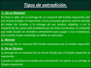 Tipos de extradición.
1.- De un Nacional:
Se lleva a cabo con la entrega de un nacional del Estado requerido, por
ese mismo Estado, al requirente. Como principio general está el rechazo
de todos los Estados a la entrega de sus propios súbditos, y en la
mayoría de los casos está prohibida por las leyes nacionales. Es evidente
que todo Estado se considera competente para juzgar a sus ciudadanos,
aún cuando hayan cometido un delito en otro país.
2.- Normal:
La entrega de un nacional del Estado requirente por el estado requerido.
3.- De un Tercero:
La entrega de un nacional de un tercer Estado por el Estado requerido al
requirente.
Cuando el individuo arrestado para extradición se opone a su entrega al
Estado requirente.

 