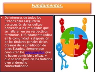 Fundamentos.
• De intereses de todos los
Estados para asegurar la
persecución de los delitos
poniendo a los imputados que
se hallaren en sus respectivos
territorios. El fundamento radica
en la comunidad a disposición
de los titulares penales de los
órganos de la jurisdicción de
otros Estados, siempre que
concurran los presupuestos que
lo hacen admisible y eficaz, y
que se consignan en los tratados
o en el derecho
consuetudinario.

 