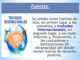 Fuentes.
Se señala como fuentes de
ella, en primer lugar a los
convenios y tratados
internacionales; en
segundo lugar, a las leyes
internas y, finalmente, a
las costumbres y
declaraciones de
reciprocidad ahí donde
tienen fuerza de derecho
positivo.

 