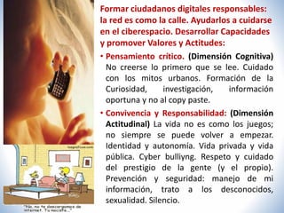 Formar ciudadanos digitales responsables: 
la red es como la calle. Ayudarlos a cuidarse 
en el ciberespacio. Desarrollar Capacidades 
y promover Valores y Actitudes: 
• Pensamiento crítico. (Dimensión Cognitiva) 
No creerse lo primero que se lee. Cuidado 
con los mitos urbanos. Formación de la 
Curiosidad, investigación, información 
oportuna y no al copy paste. 
• Convivencia y Responsabilidad: (Dimensión 
Actitudinal) La vida no es como los juegos; 
no siempre se puede volver a empezar. 
Identidad y autonomía. Vida privada y vida 
pública. Cyber bulliyng. Respeto y cuidado 
del prestigio de la gente (y el propio). 
Prevención y seguridad: manejo de mi 
información, trato a los desconocidos, 
sexualidad. Silencio. 
 