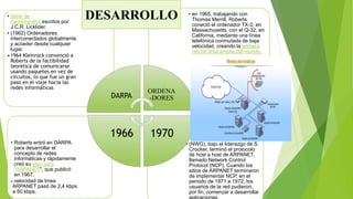 • (NWG), bajo el liderazgo de S.
Crocker, terminó el protocolo
de host a host de ARPANET,
llamado Network Control
Protocol (NCP). Cuando los
sitios de ARPANET terminaron
de implementar NCP, en el
periodo de 1971 a 1972, los
usuarios de la red pudieron,
por fin, comenzar a desarrollar
• Roberts entró en DARPA
para desarrollar el
concepto de redes
informáticas y rápidamente
creó su plan para
"ARPANET", que publicó
en 1967.
• velocidad de línea
ARPANET pasó de 2,4 kbps
a 50 kbps.
• en 1965, trabajando con
Thomas Merrill, Roberts
conectó el ordenador TX-2, en
Massachusetts, con el Q-32, en
California, mediante una línea
telefónica conmutada de baja
velocidad, creando la primera
red de área amplia del mundo.
• Serie de
memorandos escritos por
J.C.R. Licklider.
• (1962) Ordenadores
interconectados globalmente
y acceder desde cualquier
lugar.
•1964 Kleinrock convenció a
Roberts de la factibilidad
teorética de comunicarse
usando paquetes en vez de
circuitos, lo que fue un gran
paso en el viaje hacia las
redes informáticas
DARPA
ORDENA
-DORES
19701966
DESARROLLO
 