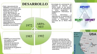 • Internet y operaba bajo los
auspicios de Internet Society.
Se definió una relación más de
“pares” entre la nueva IAB con
IESG, con una toma de mayor
responsabilidad de la IETF y el
IESG para la aprobación de
estándares.
• DARPA ya no era el único
que jugaba un papel
importante en la
financiación de Internet.
Además de NSFNet y
diversas actividades
financiadas por el gobierno
de EE.UU.
•tecnología de conmutación de
paquetes ya descrita. Del
mismo modo, la red satélite
de paquetes, de radiopaquetes
y otros programas de
investigación informática de
DARPA.
• Correo electrónico y
siguiendo por la posibilidad de
compartir archivos, el acceso
remoto y, finalmente, las
funciones de la World Wide
Web.
• Kahn, demostración de
ARPANET, en la (ICCC). Al
público, tecnología de redes.
Aplicación “hot” inicial, el
correo electrónico. En
marzo, Ray Tomlinson, de
BBN, escribió el software
básico de envío y lectura de
mensajes de correo
electrónico, motivado por la
necesidad de los
desarrolladores de
ARPANET de un mecanismo
sencillo de coordinación
1972
ARPA-
NET
19921985
DESARROLLO
 