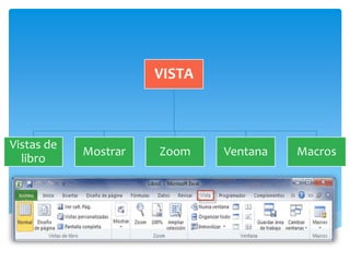 VISTA
Vistas de
libro
Mostrar Zoom Ventana Macros
 
