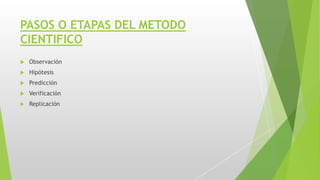 PASOS O ETAPAS DEL METODO
CIENTIFICO
 Observación
 Hipótesis
 Predicción
 Verificación
 Replicación
 