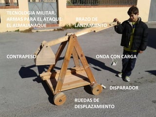 TECNOLOGIA MILITAR.
ARMAS PARA EL ATAQUE:    BRAZO DE
EL ALMAJANAQUE          LANZAMIENTO




CONTRAPESO                     ONDA CON CARGA




                                      DISPARADOR

                        RUEDAS DE
                        DESPLAZAMIENTO
 