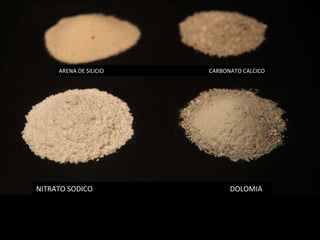 ARENA DE SILICIO   CARBONATO CALCICO




NITRATO SODICO                DOLOMIA
 