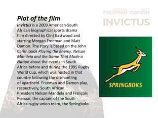 Fulanito
Plot of the film
Invictus is a 2009 American-South
African biographical sports drama
film directed by Clint Eastw...