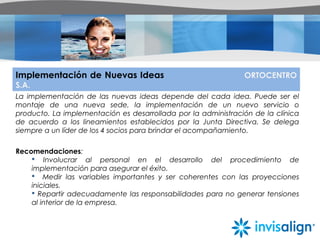 Implementación de Nuevas Ideas ORTOCENTRO
S.A.
La implementación de las nuevas ideas depende del cada idea. Puede ser el
montaje de una nueva sede, la implementación de un nuevo servicio o
producto. La implementación es desarrollada por la administración de la clínica
de acuerdo a los lineamientos establecidos por la Junta Directiva. Se delega
siempre a un líder de los 4 socios para brindar el acompañamiento.
Recomendaciones:
 Involucrar al personal en el desarrollo del procedimiento de
implementación para asegurar el éxito.
 Medir las variables importantes y ser coherentes con las proyecciones
iniciales.
 Repartir adecuadamente las responsabilidades para no generar tensiones
al interior de la empresa.
 