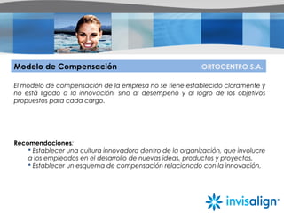 Modelo de Compensación ORTOCENTRO S.A.
El modelo de compensación de la empresa no se tiene establecido claramente y
no está ligado a la innovación, sino al desempeño y al logro de los objetivos
propuestos para cada cargo.
Recomendaciones:
 Establecer una cultura innovadora dentro de la organización, que involucre
a los empleados en el desarrollo de nuevas ideas, productos y proyectos.
 Establecer un esquema de compensación relacionado con la innovación.
 