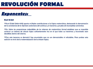 REVOLUCIÓN FORMAL  Exponentes:  Kurt G ö del   Kurt G ö del (1906-1978) aporta m ú ltiples contribuciones a la l ó gica matem á tica, destacando la demostraci ó n de la consistencia de la  hip ó tesis cantoriana del continuo  y el  teorema y prueba de incompletez sem á ntica . En  Sobre las proposiciones indecidibles de los sistemas de matem á tica formal  establece que es imposible construir un sistema de c á lculo l ó gico suficientemente rico en el que todos sus teoremas y enunciados sean decidibles dentro del sistema.  Con este teorema se demostr ó  hay enunciados que no son demostrables ni refutables. Para probar esta aserci ó n se sirvi ó  de la matematizaci ó n de la sintaxis l ó gica.  