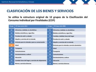 CLASIFICACIÓN DE LOS BIENES Y SERVICIOS
Se utiliza la estructura original de 12 grupos de la Clasificación del
Consumo Individual por Finalidades (CCIF)
Grupo IPC base Junio 2015 Grupo IPC base Julio 2006
01 Alimentos y bebidas no alcohólicas 01 Alimentos y bebidas no alcohólicas
02 Bebidas alcohólicas y cigarrillos 02 Bebidas alcohólicas y cigarrillos
03 Prendas de vestir y calzado 03 Comidas y bebidas fuera del hogar
04 Alquiler y servicios de la vivienda 04 Prendas de vestir y calzado
05 Artículos para la vivienda y para su conservación 05 Alquiler y servicios de la vivienda
06 Salud 06 Artículos para la vivienda y servicio doméstico
07 Transporte 07 Salud
08 Comunicaciones 08 Transporte
09 Entretenimiento y cultura 09 Comunicaciones
10 Educación 10 Entretenimiento y cultura
11 Comidas fuera del hogar y servicios de alojamiento 11 Educación
12 Bienes y servicios diversos 12 Bienes y servicios diversos
 
