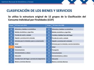 CLASIFICACIÓN DE LOS BIENES Y SERVICIOS
Se utiliza la estructura original de 12 grupos de la Clasificación del
Consumo Individual por Finalidades (CCIF)
Grupo IPC base Junio 2015 Grupo IPC base Julio 2006
01 Alimentos y bebidas no alcohólicas 01 Alimentos y bebidas no alcohólicas
02 Bebidas alcohólicas y cigarrillos 02 Bebidas alcohólicas y cigarrillos
03 Prendas de vestir y calzado 03 Comidas y bebidas fuera del hogar
04 Alquiler y servicios de la vivienda 04 Prendas de vestir y calzado
05 Artículos para la vivienda y para su conservación 05 Alquiler y servicios de la vivienda
06 Salud 06 Artículos para la vivienda y servicio doméstico
07 Transporte 07 Salud
08 Comunicaciones 08 Transporte
09 Entretenimiento y cultura 09 Comunicaciones
10 Educación 10 Entretenimiento y cultura
11 Comidas fuera del hogar y servicios de alojamiento 11 Educación
12 Bienes y servicios diversos 12 Bienes y servicios diversos
 