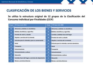 CLASIFICACIÓN DE LOS BIENES Y SERVICIOS
Se utiliza la estructura original de 12 grupos de la Clasificación del
Consumo Individual por Finalidades (CCIF)
Grupo IPC base Junio 2015 Grupo IPC base Julio 2006
01 Alimentos y bebidas no alcohólicas 01 Alimentos y bebidas no alcohólicas
02 Bebidas alcohólicas y cigarrillos 02 Bebidas alcohólicas y cigarrillos
03 Prendas de vestir y calzado 03 Comidas y bebidas fuera del hogar
04 Alquiler y servicios de la vivienda 04 Prendas de vestir y calzado
05 Artículos para la vivienda y para su conservación 05 Alquiler y servicios de la vivienda
06 Salud 06 Artículos para la vivienda y servicio doméstico
07 Transporte 07 Salud
08 Comunicaciones 08 Transporte
09 Entretenimiento y cultura 09 Comunicaciones
10 Educación 10 Entretenimiento y cultura
11 Comidas fuera del hogar y servicios de alojamiento 11 Educación
12 Bienes y servicios diversos 12 Bienes y servicios diversos
 