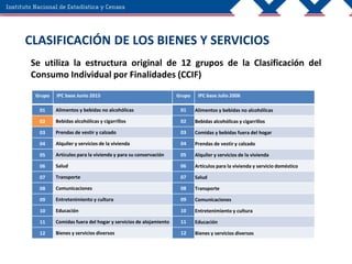 CLASIFICACIÓN DE LOS BIENES Y SERVICIOS
Se utiliza la estructura original de 12 grupos de la Clasificación del
Consumo Individual por Finalidades (CCIF)
Grupo IPC base Junio 2015 Grupo IPC base Julio 2006
01 Alimentos y bebidas no alcohólicas 01 Alimentos y bebidas no alcohólicas
02 Bebidas alcohólicas y cigarrillos 02 Bebidas alcohólicas y cigarrillos
03 Prendas de vestir y calzado 03 Comidas y bebidas fuera del hogar
04 Alquiler y servicios de la vivienda 04 Prendas de vestir y calzado
05 Artículos para la vivienda y para su conservación 05 Alquiler y servicios de la vivienda
06 Salud 06 Artículos para la vivienda y servicio doméstico
07 Transporte 07 Salud
08 Comunicaciones 08 Transporte
09 Entretenimiento y cultura 09 Comunicaciones
10 Educación 10 Entretenimiento y cultura
11 Comidas fuera del hogar y servicios de alojamiento 11 Educación
12 Bienes y servicios diversos 12 Bienes y servicios diversos
 