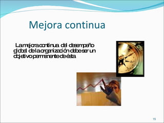 Mejora continua La mejora continua  del desempeño global de la organización debe ser un objetivo permanente de ésta 