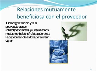 Relaciones mutuamente beneficiosa con el proveedor Una organización y sus proveedores son interdependientes, y una relación mutuamente beneficiosa aumenta la capacidad de ambos para crear valor 