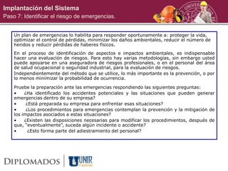Un plan de emergencias lo habilita para responder oportunamente a: proteger la vida,
optimizar el control de pérdidas, minimizar los daños ambientales, reducir el número de
heridos y reducir pérdidas de haberes físicos.
En el proceso de identificación de aspectos e impactos ambientales, es indispensable
hacer una evaluación de riesgos. Para esto hay varias metodologías, sin embargo usted
puede apoyarse en una aseguradora de riesgos profesionales, o en el personal del área
de salud ocupacional o seguridad industrial, para la evaluación de riesgos.
Independientemente del método que se utilice, lo más importante es la prevención, o por
lo menos minimizar la probabilidad de ocurrencia.
Pruebe la preparación ante las emergencias respondiendo las siguientes preguntas:
• ¿Ha identificado los accidentes potenciales y las situaciones que pueden generar
emergencias dentro de su empresa?
• ¿Está preparada su empresa para enfrentar esas situaciones?
• ¿Los procedimientos para emergencias contemplan la prevención y la mitigación de
los impactos asociados a estas situaciones?
• ¿Existen las disposiciones necesarias para modificar los procedimientos, después de
que, “eventualmente”, suceda algún incidente o accidente?
• ¿Esto forma parte del adiestramiento del personal?
Implantación del Sistema
Paso 7: Identificar el riesgo de emergencias.
 