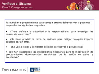 Para probar el procedimiento para corregir errores debemos ver si podemos
responder las siguientes preguntas:
• ¿Tiene definida la autoridad y la responsabilidad para investigar las
causas de los errores?
• ¿Se tiene previsto la toma de acciones para mitigar cualquier impacto
causado por un error?
• ¿Se van a iniciar y completar acciones correctivas o preventivas?
• ¿Se han establecido las disposiciones necesarias para la modificación de
procedimientos documentados resultantes de la acción correctiva y
preventiva?
Verifique el Sistema
Paso 2: Corregir los errores.
 