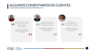 TU SOCIO
TECNOLÓGICO
DE CONFIANZA
10
ALGUNOS COMENTARIOS DE CLIENTES
LO QUE PIENSAN DESPUÉS DE NUESTROS PROYECTOS
15
Yo ahora mismo no
sabría llevar mi empresa
sin SAP Business One
ALEJANDRO SANTANA
DIRECTOR GENERAL DE
ARMANDO SANTANA
‘‘
’’
La App nos ha permitido
tener un contacto más
directo con los
consumidores
NOEMI HERNÁNDEZ
DIRECTORA DE MARKETING DE
DISTRIFARMA
‘‘
’’
Estamos muy
satisfechos tanto con
vTiger como con Itop
AMELIA ESCOLAR
DIRECTORA DE MARKETING DE
DESCUBREGROUP
‘‘
’’
 