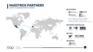 TU SOCIO
TECNOLÓGICO
DE CONFIANZA
NUESTROS PARTNERS
SOCIOS Y COLABORADORES DE NEGOCIO
CANARIAS
Crea Solu]ons, Colaborac, Bodegas
Monje / Wine&Sex, VAO, Mínima
Compañía, Aliades, Onda Tenerife y otros
ESPAÑA PENINSULAR
CHILE
MÉXICO
9
 