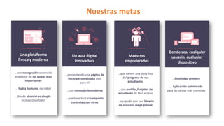 Nuestras metas
Una plataforma
fresca y moderna
Un aula digital
innovadora
Maestros
empoderados
Donde sea, cualquier
usuario, cualquier
dispositivo
… con navegación construida
alrededor de las tareas más
importantes
… habla humano, no robot
…donde abordar es simple.
Incluso Divertido!
…presentando una página de
inicio personalizada solo
para ti!
…con mensajería moderna
…que hace fácil el compartir
contenido con otros
…que tienen una vista lista
del progreso de sus
estudiantes
…con perfiles/tarjetas de
estudiante de fácil acceso
…equipado con una librería
de recursos mega grande
…Movilidad primero
… Aplicación optimizada
para las tareas más comunes
 