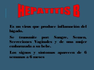 Es un virus que produce inflamación del 
hígado. 
Se transmite por: Sangre, Semen, 
Secreciones Vaginales y de una mujer 
embarazada a su bebe. 
Los signos y síntomas aparecen de 6 
semanas a 6 meses 
 