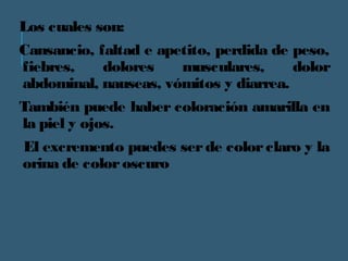 Los cuales son: 
Cansancio, faltad e apetito, perdida de peso, 
fiebres, dolores musculares, dolor 
abdominal, nauseas, vómitos y diarrea. 
También puede haber coloración amarilla en 
la piel y ojos. 
El excremento puedes ser de color claro y la 
orina de color oscuro 
 