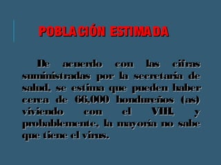 PPOOBBLLAACCIIÓÓNN EESSTTIIMMAADDAA 
DDee aaccuueerrddoo ccoonn llaass cciiffrraass 
ssuummiinniissttrraaddaass ppoorr llaa sseeccrreettaarriiaa ddee 
ssaalluudd,, ssee eessttiimmaa qquuee ppuueeddeenn hhaabbeerr 
cceerrccaa ddee 6666,,000000 hhoonndduurreeññooss ((aass)) 
vviivviieennddoo ccoonn eell VVIIHH,, yy 
pprroobbaabblleemmeennttee,, llaa mmaayyoorrííaa nnoo ssaabbee 
qquuee ttiieennee eell vviirruuss.. 
 