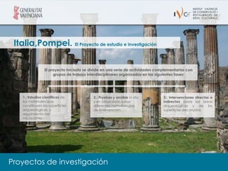 Italia,Pompei. El Proyecto de estudio e investigación

                 El proyecto iniciado se divide en una serie de actividades complementarias con
                      grupos de trabajo interdisciplinares organizados en las siguientes fases:




    1.: Estudios científicos de           2.: Pruebas y análisis in situ       3.: Intervenciones directas e
    los materiales que                    y en laboratorio sobre               indirectas sobre las áreas
    constituyen las superficies           diferentes metodologías              arqueológicas y de las
    arqueológicas, y                      de intervención.                     superficies decoradas.
    seguimiento del
    microclima.




Proyectos de investigación
 