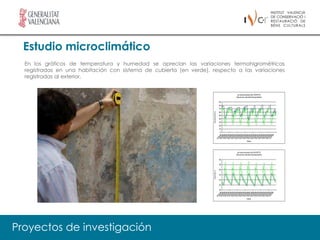 Estudio microclimático
  En los gráficos de temperatura y humedad se aprecian las variaciones termohigrométricas
  registradas en una habitación con sistema de cubierta (en verde), respecto a las variaciones
  registradas al exterior.




Proyectos de investigación
 