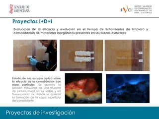 Proyectos I+D+I
  Evaluación de la eficacia y evolución en el tiempo de tratamientos de limpieza y
  consolidación de materiales inorgánicos presentes en los bienes culturales




  Estudio de microscopia óptica sobre
  la eficacia de la consolidación con
  nano partículas. Se observa la
  sección transversal de una muestra
  de pintura mural en luz visible y en
  fluorescencia UV, donde se aprecia
  la formación de la capa superficial
  del consolidante.



Proyectos de investigación
 