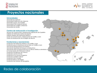 Proyectos nacionales
 Universidades
 Universitat de València
 Universidad Politécnica de Valencia
 Universitat Jaume I de Castelló
 Universidad CEU Cardenal Herrera
 Universidad de Castilla La Mancha
 Universidad de Sevilla


 Centros de restauración e investigación
 Servicio de Conservación y Restauración Diputación de Castellón
 Instituto de Patrimonio Cultural de España
 Instituto Andaluz del Patrimonio Histórico
 Centro de Conservación y Restauración de Castilla y León
 Centro de Restauración de la Región de Murcia


 Fundaciones y asociaciones
 Fundación del Patrimonio Histórico de Castilla y Leon
 Fundación para la Enseñanza de las Artes en Castilla y Leon
 Asociación Restauradores sin fronteras
 Asociación Española de Ensayos no destructivos
 Asociación para la Preservación de Los Oficios Artísticos orientados a
 la Conservación del Patrimonio Cultural
 Fundación Gil Albornoz de Cuenca
 Fundación Jaume II El Just
 Fundación La Luz de las Imagenes
 Fundación Castelló Cultural
 Fundación Pere Compte
 Fundación Blasco de Alagón
 Fundación San Antonio de Benagéber




Redes de colaboración
 
