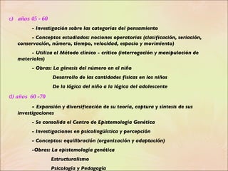 c )  años 45 - 60   - Investigación sobre las categorías del pensamiento  - Conceptos estudiados: nociones operatorias (clasificación, seriación, conservación, número, tiempo, velocidad, espacio y movimiento) - Utiliza el Método clínico - crítico (interrogación y manipulación de materiales) - Obras: La génesis del número en el niño   Desarrollo de las cantidades físicas en los niños   De la lógica del niño a la lógica del adolescente d ) años  60 -70 -  Expansión y diversificación de su teoría, captura y síntesis de sus investigaciones - Se consolida el Centro de Epistemología Genética - Investigaciones en psicolingüística y percepción  - Conceptos: equilibración (organización y adaptación) -Obras: La epistemología genética   Estructuralismo   Psicología y Pedagogía 