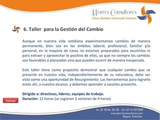 6.  Taller  para la Gestión del Cambio Aunque en nuestra vida cotidiana experimentamos cambios de manera permanente, bien sea en los ámbitos laboral, profesional, familiar y/o personal, en la mayoría de casos no estamos preparados para asumirlos ni para extraer y aprovechar lo positivo de ellos, ya que no siempre los cambios son favorables o planeados sino que pueden ocurrir de manera inesperada. Este taller tiene como propósito demostrar que cualquier cambio que se presente en nuestra vida, independientemente de su naturaleza, debe ser visto como una oportunidad de Resurgimiento. Las herramientas para lograrlo están ahí, a nuestro alcance, y debemos aprender a sacarles provecho. Dirigido a: directivos, líderes, equipos de trabajo. Duración:  12 horas (se sugieren 3 sesiones de 4 horas) Volver 