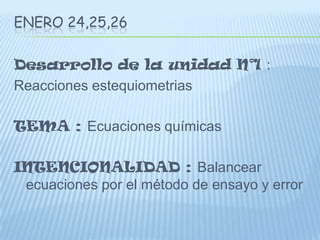 ENERO 24,25,26Desarrollo de la unidad N°1 :Reacciones estequiometrias TEMA : Ecuaciones químicas INTENCIONALIDAD : Balancear ecuaciones por el método de ensayo y error 