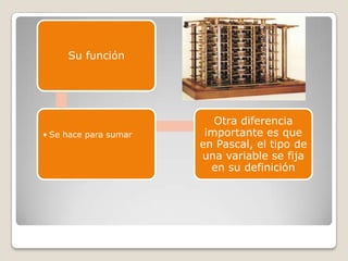 Su función




                          Otra diferencia
• Se hace para sumar    importante es que
                       en Pascal, el tipo de
                       una variable se fija
                         en su definición
 