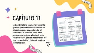 La Combinatoria es una herramienta
que nos permite contar el número de
situaciones que se pueden dar al
someter a un conjunto finito a las
acciones de ordenar y/o elegir entre
sus elementos. (se lee “factorial de n”)
. Por convenio 0!= 1 En la calculadora:
con la tecla x!
CAPÍTULO 11
 