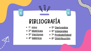 BIBLIOGRAFÍA
1º Intro
2º Matrices
3º Vectores
4º Métrica
5º Derivadas
6º Integrales
7º Probabilidad
8º Distribución
 
