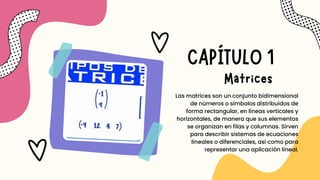 CAPÍTULO 1
Matrices
Las matrices son un conjunto bidimensional
de números o símbolos distribuidos de
forma rectangular, en líneas verticales y
horizontales, de manera que sus elementos
se organizan en filas y columnas. Sirven
para describir sistemas de ecuaciones
lineales o diferenciales, así como para
representar una aplicación lineal.
 