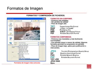   FORMATOS Y COMPRESIÓN DE FICHEROS.  Formatos de Imagen  Formatos de imagen más comunes FORMATOS SIN COMPRIMIR .   - Ficheros mas estables, - Sin pérdida de calidad - Peso de imagen alto   TIFF ,   T agged  I mage  F ile  F ormat RAW   Imagen “ en  crudo ”   PSD   P hoto s hop (Ps) BMP  B it M a P  o Bit Mapped Picture PDF   P ortable  D ocument  F ormat   FORMATOS COMPRIMIDOS .   - Ficheros mas inestables y más facilmente corrompibles.  - Con pérdida mayor o menor de calidad. Algunos formatos permiten la compresión sin pérdida.  - Peso de imagen bajo, aptos para publicación o intercambio.   JPEG   The  J oint  P hotographers  E xperts  G roup GIF   G raphics  I nterchange  F ormat PNG   P ortable  N etwork  G raphics PDF  P ortable  D ocument  F ormat TIFF LZW JPEG 2000  Djvu.  